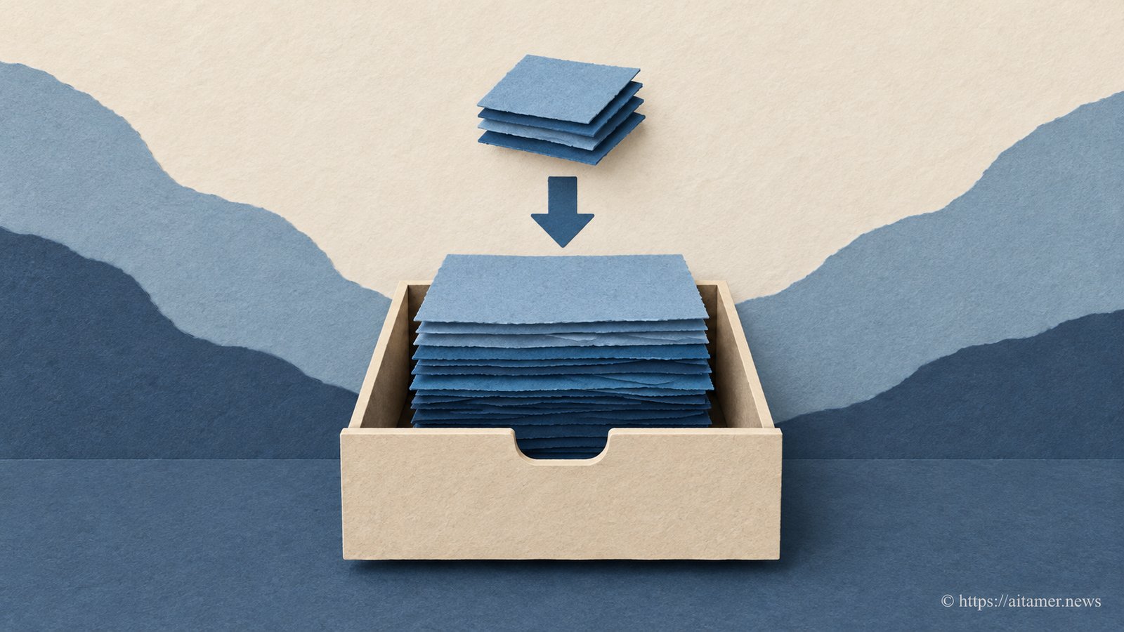 A small stack of blue paper tiles rests above a larger stack inside an open paper drawer.