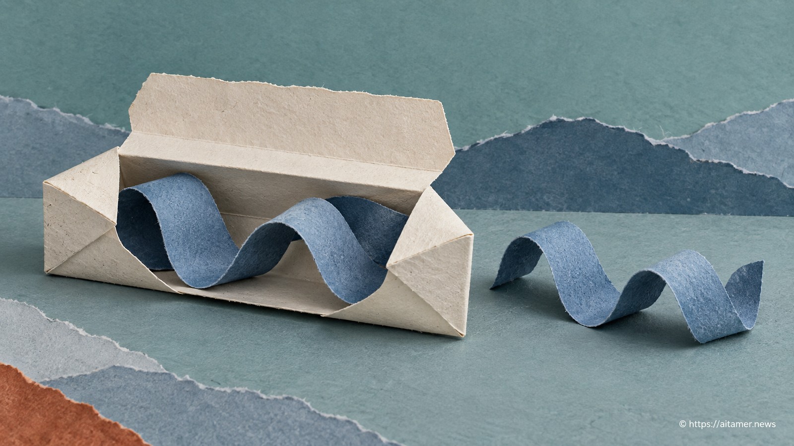 Blue audio-wave ribbons lie inside an open cream paper sleeve and bare beside it.