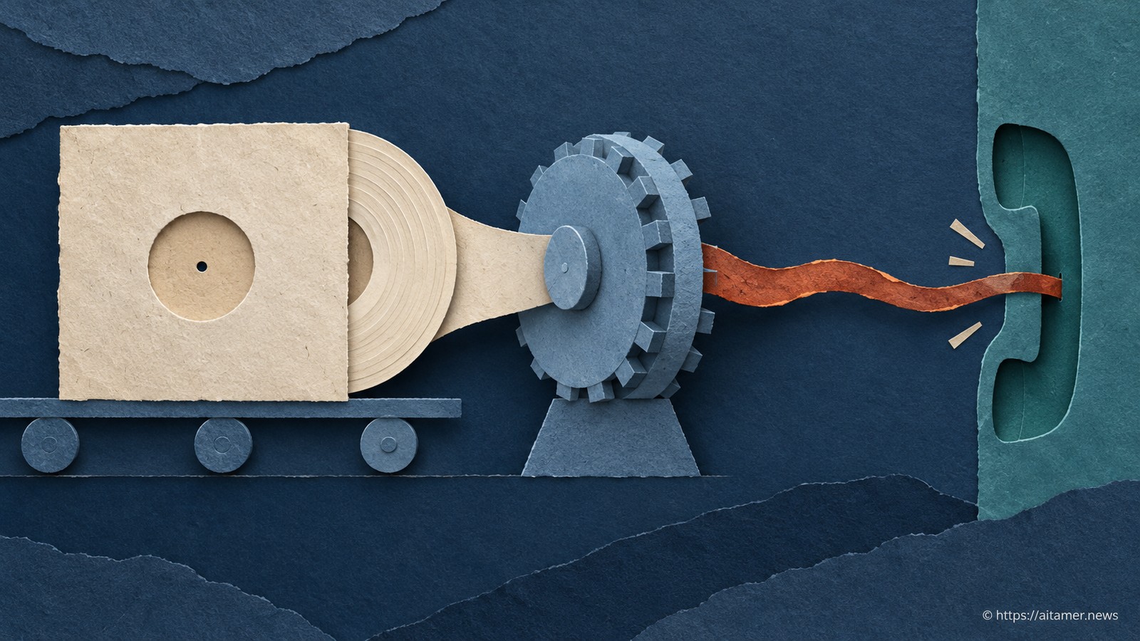 A sleeved paper audio record is converted by a blue wheel into a raw rust ribbon fitting a teal telephone opening.