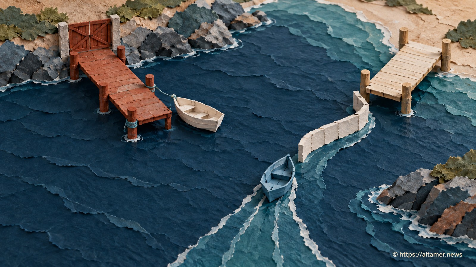 An existing boat stays tethered to a closed rust dock while a new blue boat is guided toward an open cream dock.