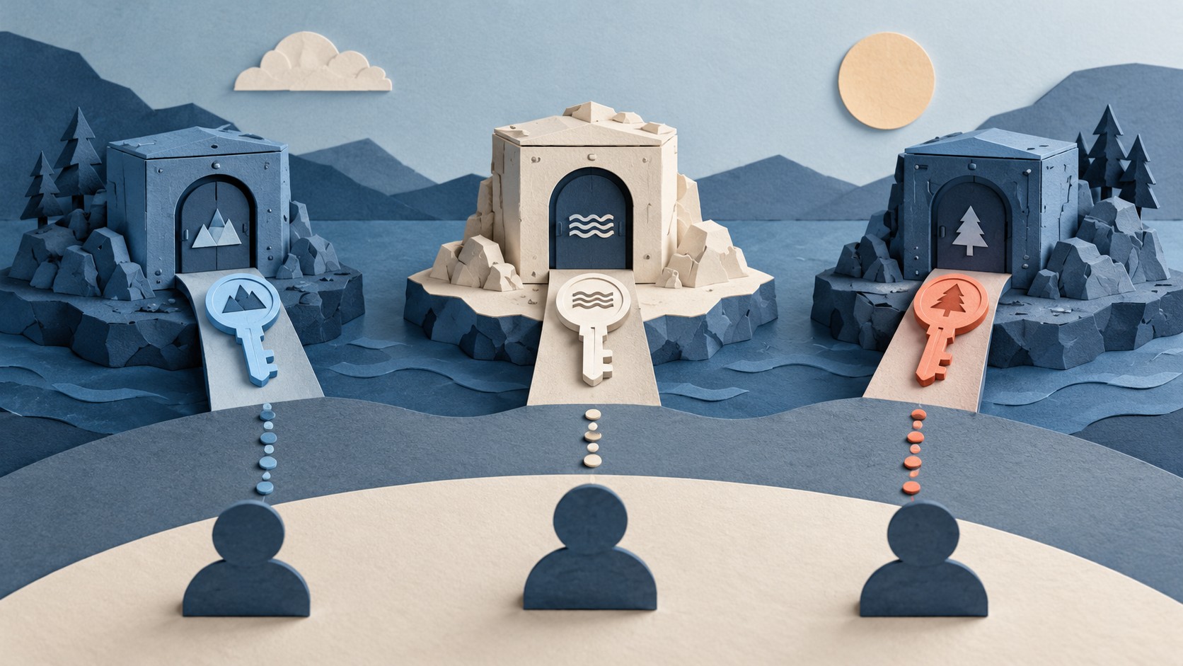 Separate paper doors each have a distinct matching key, with coral accents on an indigo background.