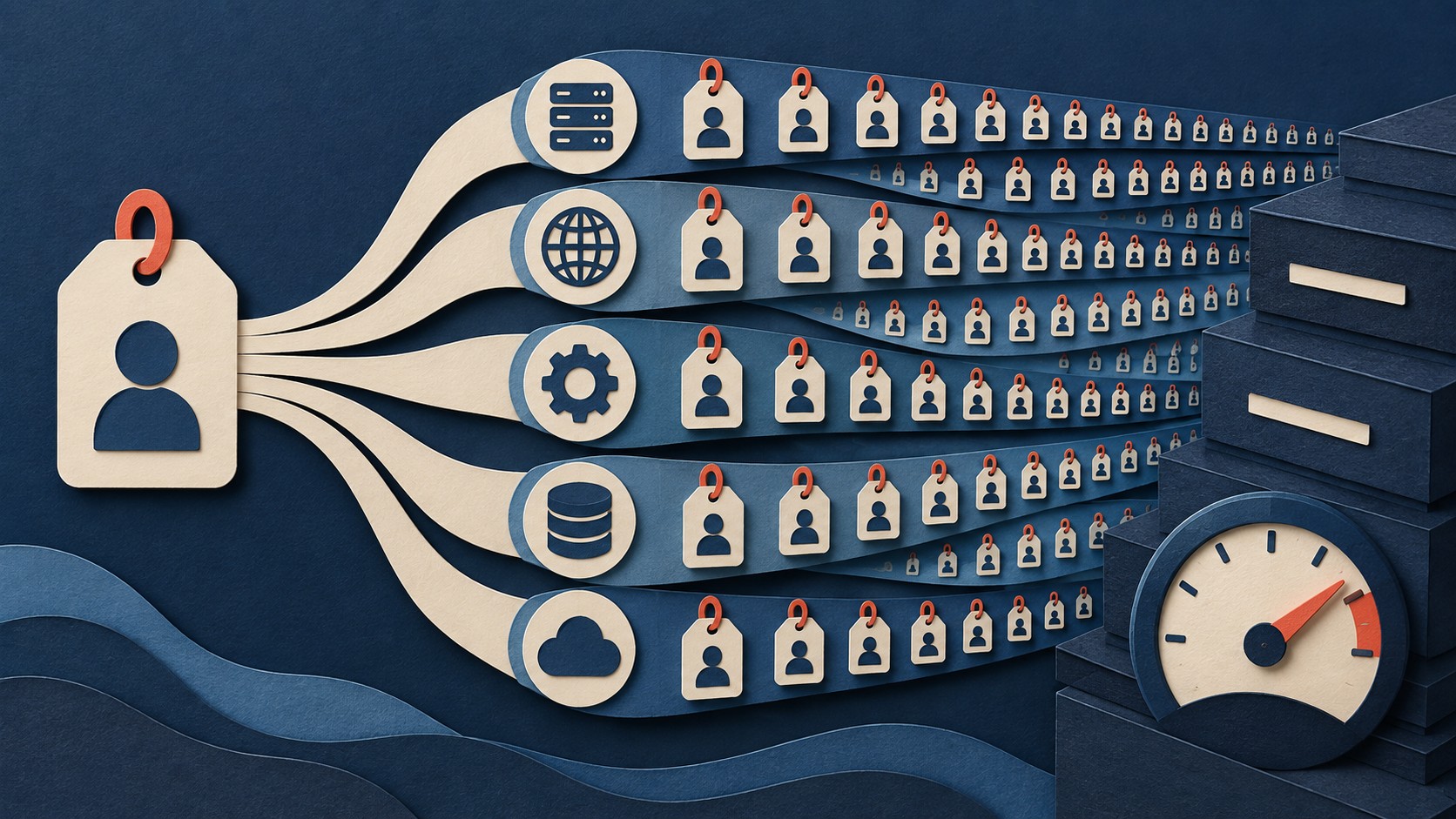 One person-shaped tag multiplies into rows of tiny tags across several metrics beside a rising gauge.