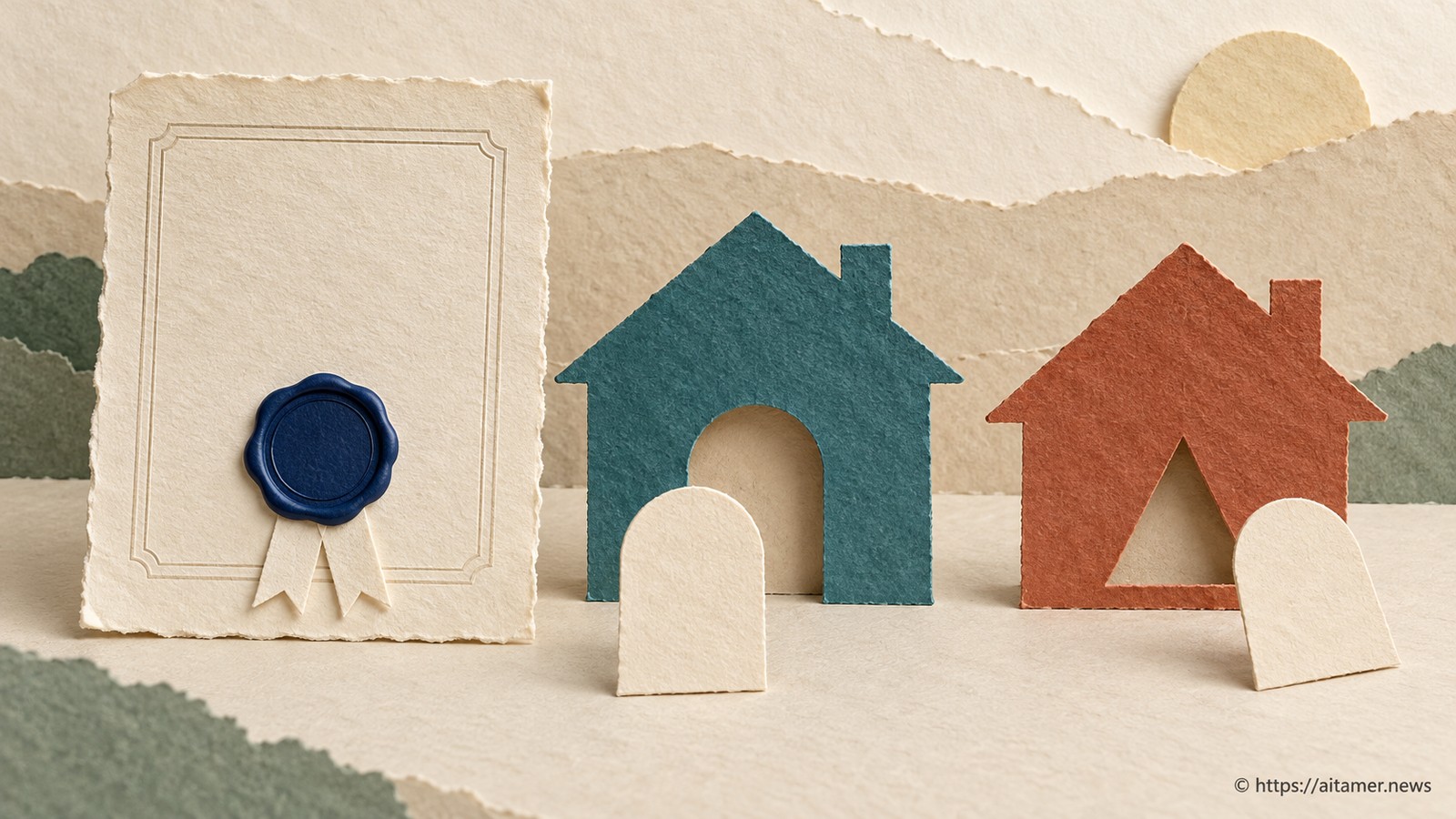 A sealed paper certificate accompanies two differently shaped doorways, with an arched identity template fitting only the teal house.