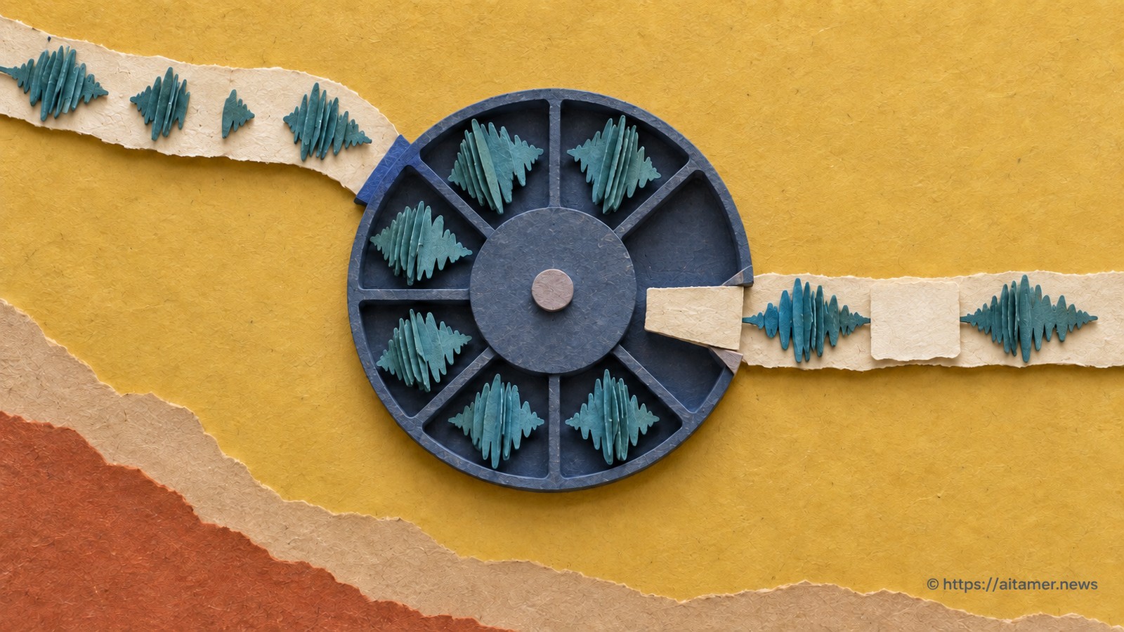 A blue paper carousel feeds waveform pieces onto a ribbon, with a blank spacer filling one missing sample slot.