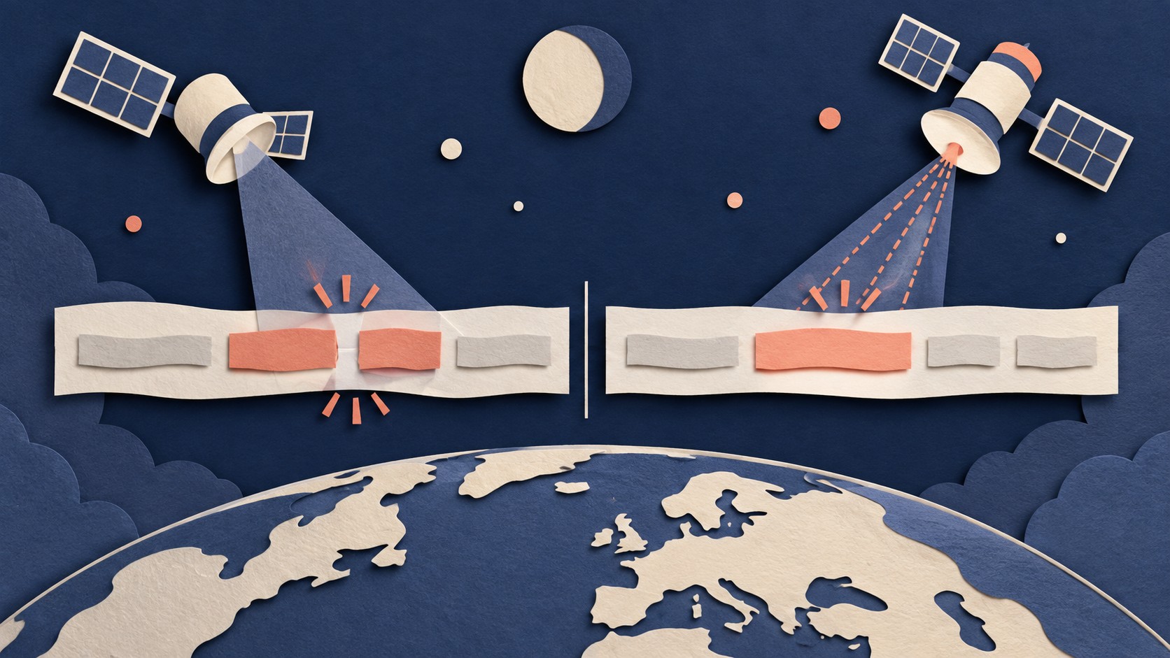 Two satellites illuminate different divisions in paper word strips above a globe.