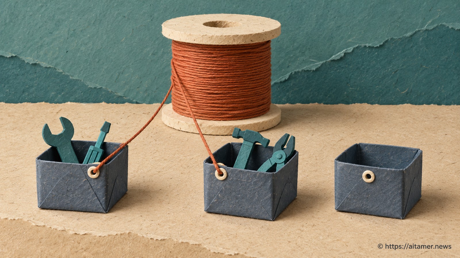 Two tool baskets hook into a shared dependency spool; a third basket's eyelet stays unconnected.