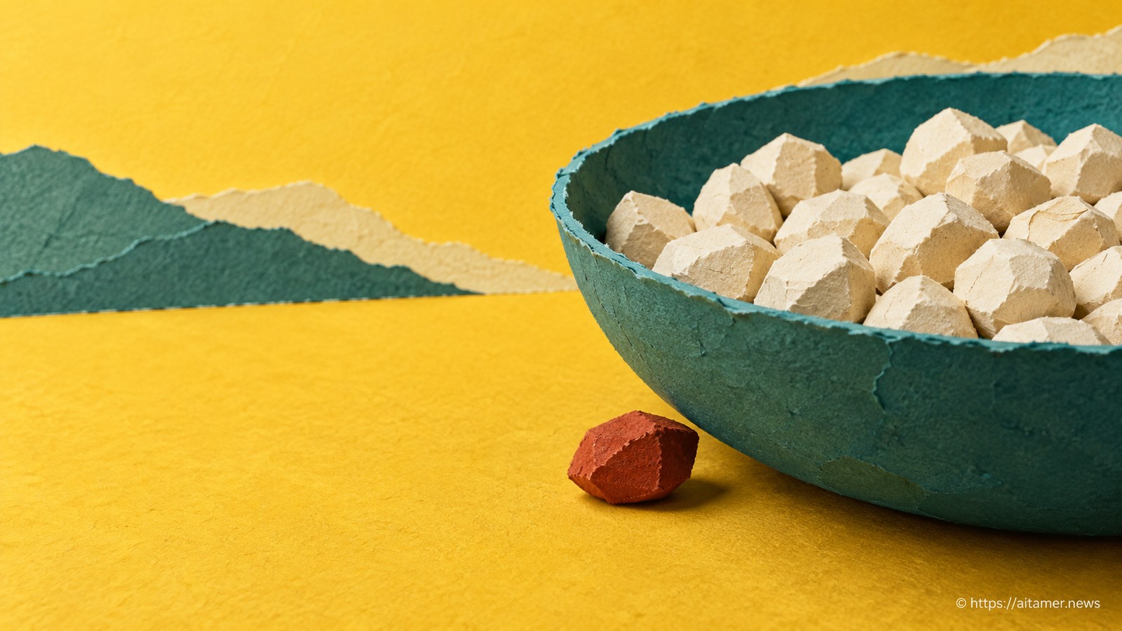 A large shallow teal sorting bowl full of many ordinary cream paper pebbles. One distinct rusty-red paper gem has fallen just outside the bowl unnoticed beneath its lip. Majority success hides a missed rare case; one clear sorting metaphor with generous negative space.