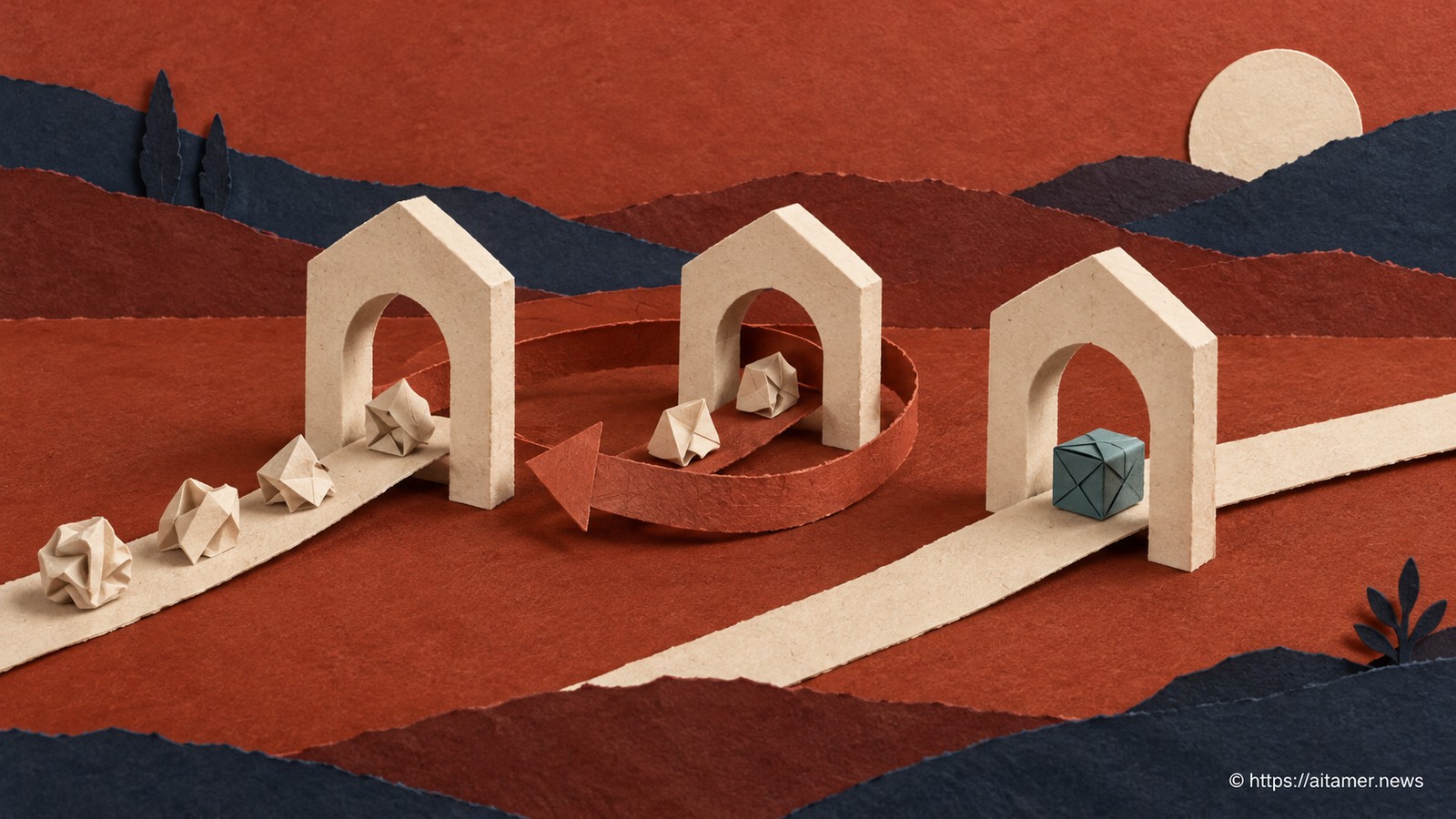 A paper path passes through three folded cream workshop arches, keeping only one small teal bundle at a checkpoint while a rust looping ribbon returns through the middle arch to recreate discarded small paper folds. One compact bundle versus recomputation loop, quiet layered hillside.