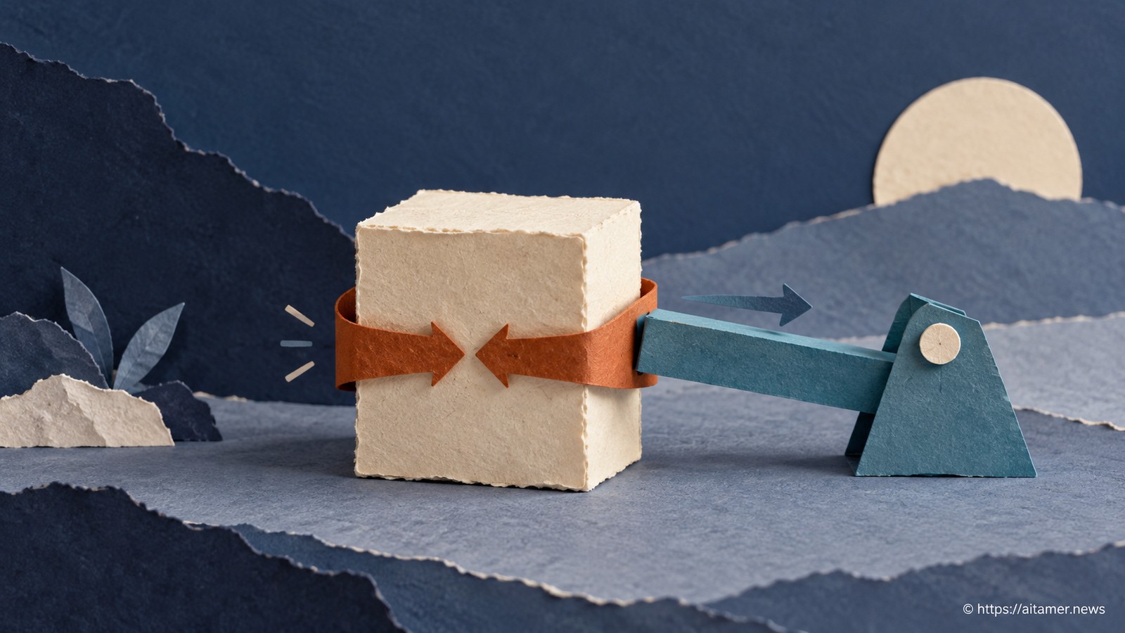 A rust paper band contracts around a cream block while a separate teal lever moves it sideways.