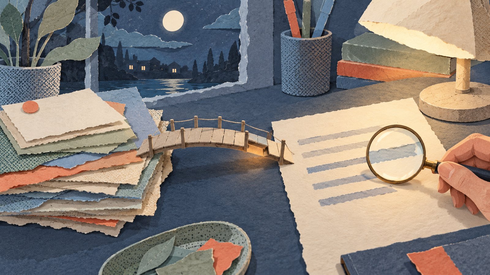 A quiet paper-cut night desk, where a magnifying glass checks a sentence beside a small bridge with one plank lifting.
