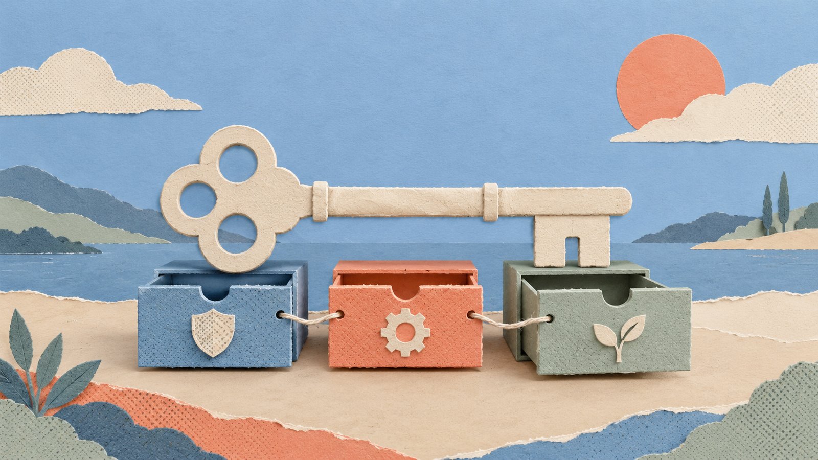 A paper key balances across three open drawers, linked by a loose thread in a calm blue-and-cream collage.