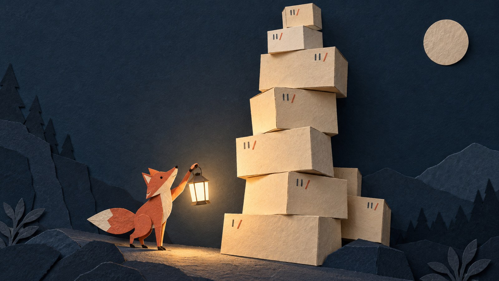 A paper-cut collage of a small coral fox holding up a glowing paper lantern beside a tall, leaning stack of cream cardboard boxes marked only with short date ticks, against dark slate blue.