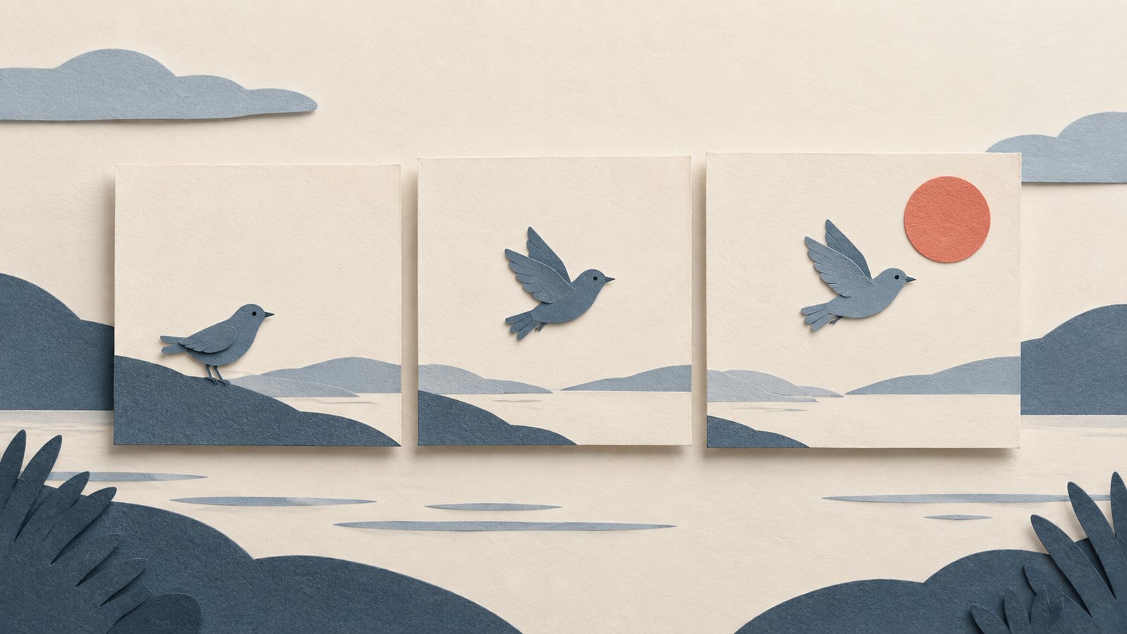 A paper-cut collage of a slate-blue paper bird moving across three cream frames beneath a coral sun.