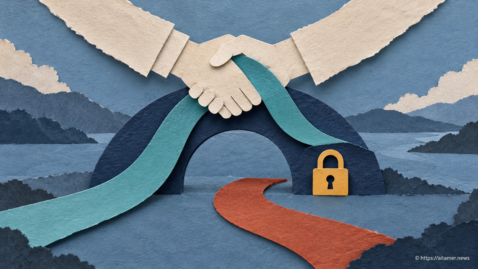 A paper handshake selects a teal ribbon above a secure navy arch, while an unused rust ribbon remains separate.