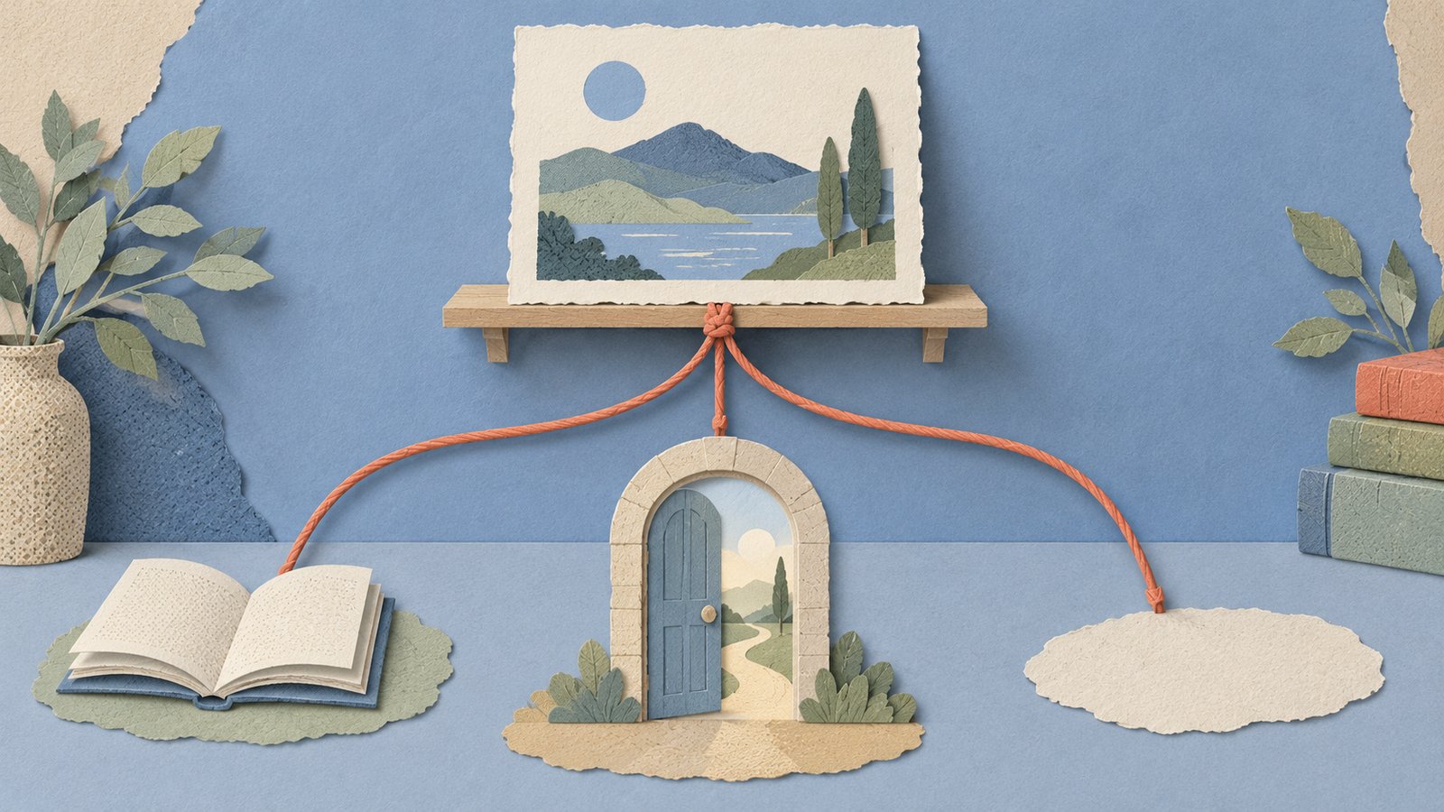 A cream paper card rests on a small shelf, with a thread branching toward a book, a doorway, and open space, in a calm blue and coral paper-cut collage.