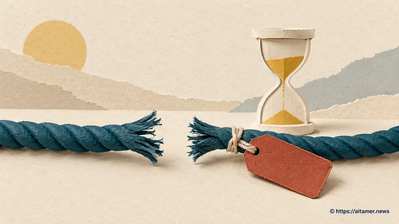 A cut teal paper cord keeps a rust reason-tag attached beside a small cream hourglass.