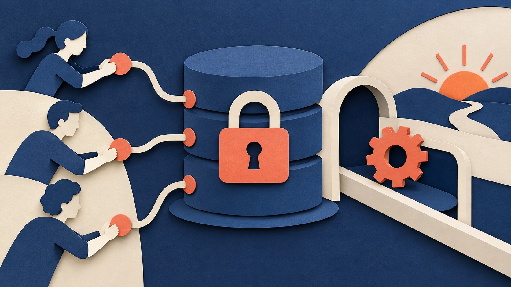 Three people connect to a locked database while a separate gear passes outside the lock.