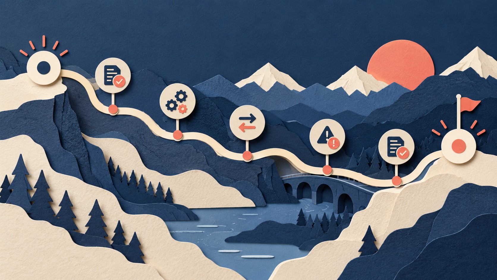 A winding journey has markers for checks, gears, warnings and completion between start and finish.