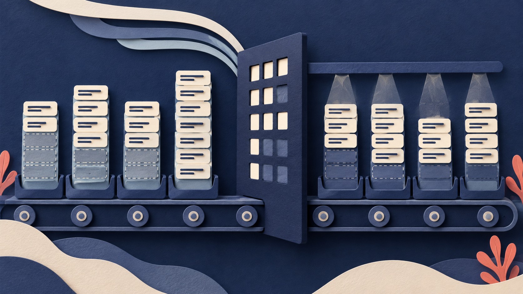Stacks of token cards pass through a gate that leaves the dotted padding cards out of the lit path.