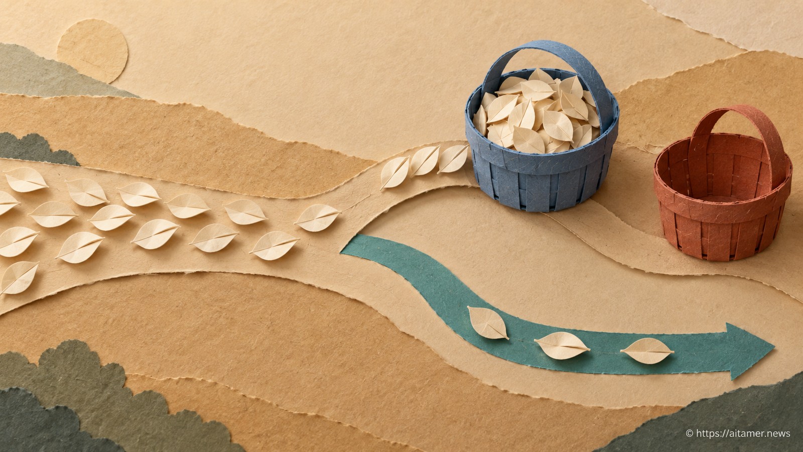 Cream leaves crowd a full blue expert basket while overflow follows a teal residual path beside an empty rust basket.