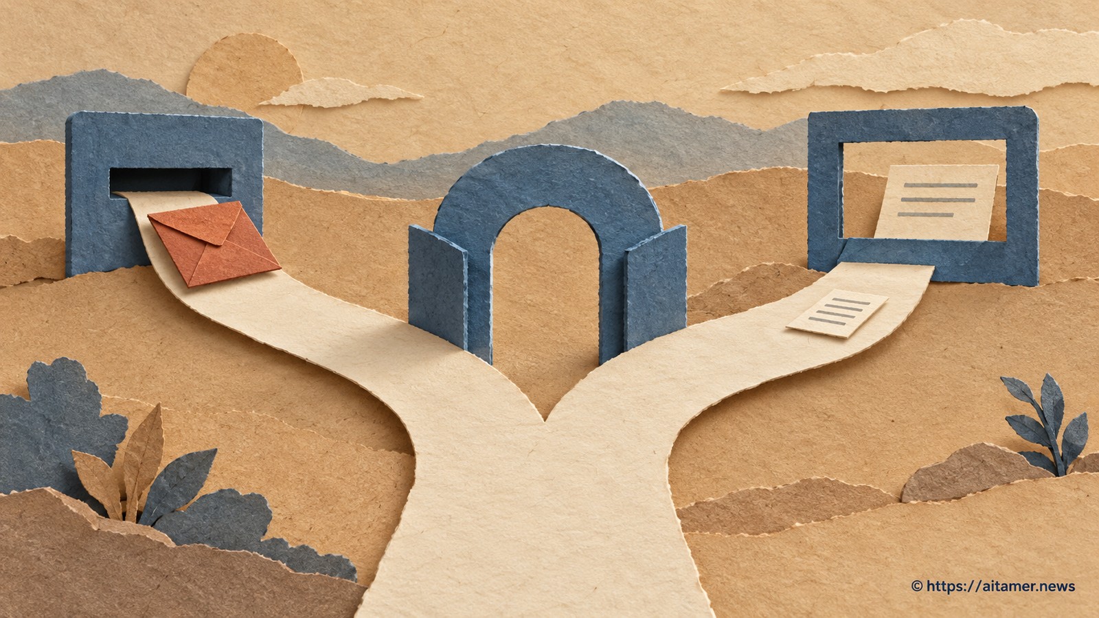 A cream path forks through a blue gate toward a rust submission envelope or a separate cream reading card and result frame.
