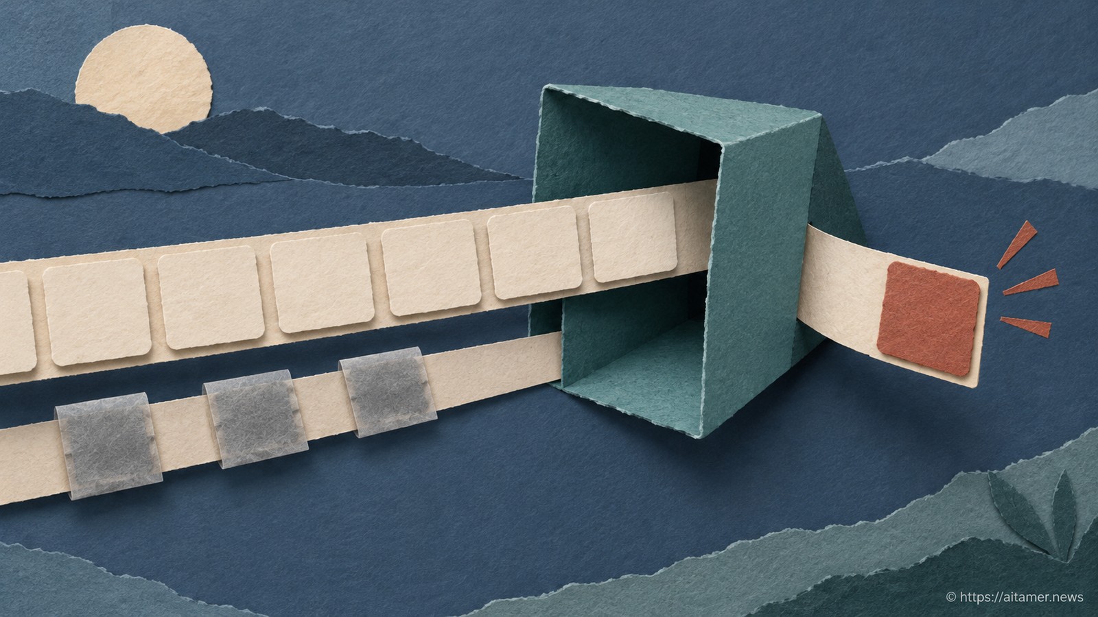 An intact cream token ribbon passes through a teal paper aperture above a separate ribbon with gray covered positions.