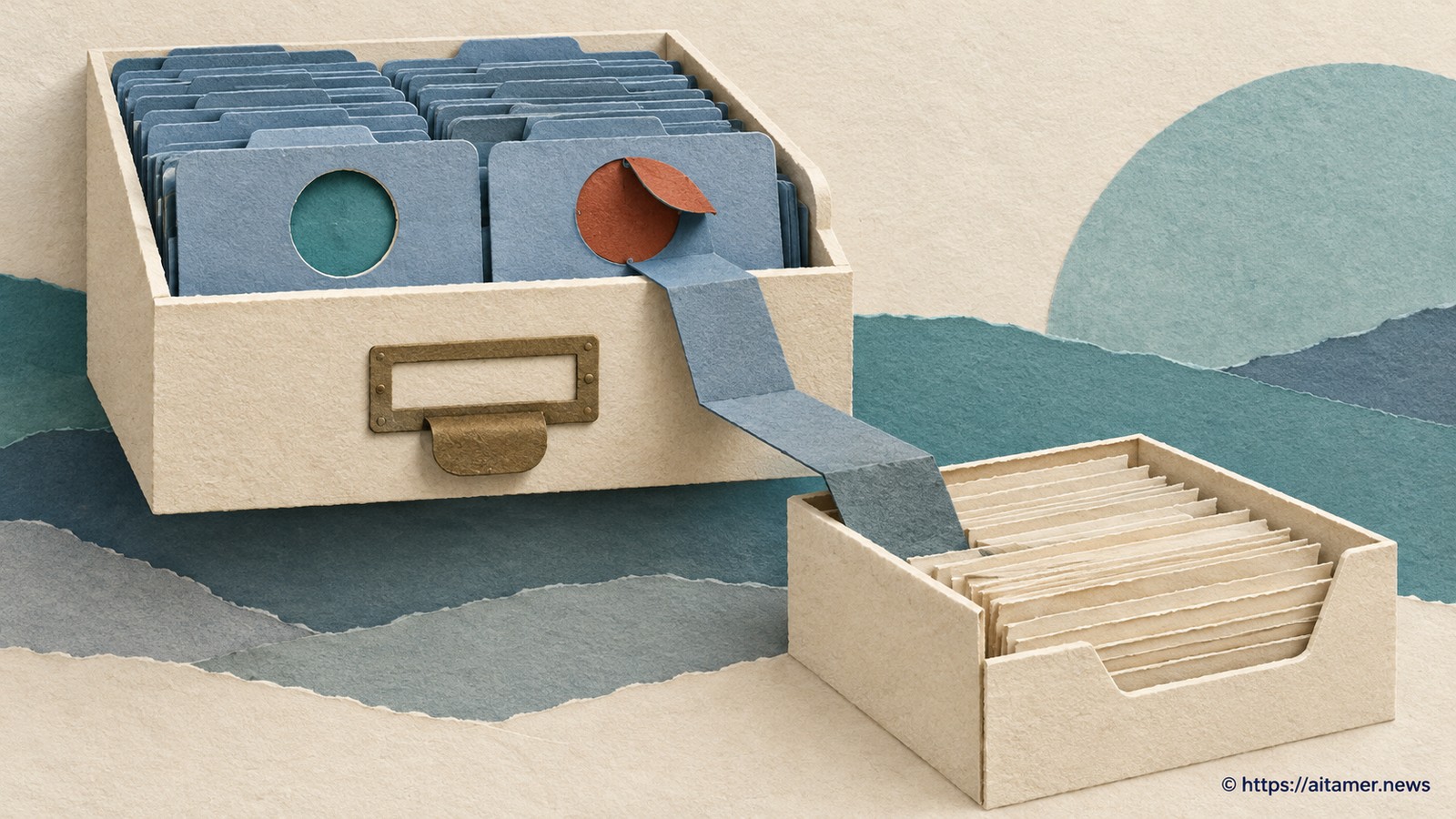 A blue paper bridge connects a covered-window index card to an underlying cream archive tray.