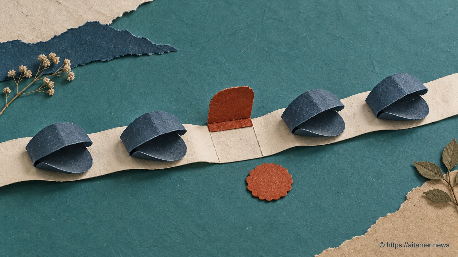 Folded blue paper shells continue after a blank slot with an open rust flap; a detached seal offers permanent closure.