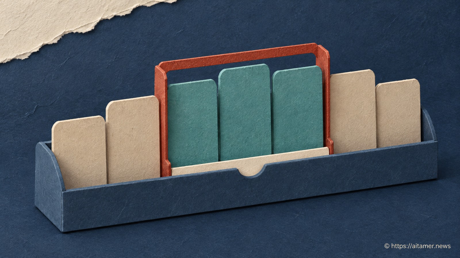 A rust frame selects three neighboring teal index cards within an ordered blue paper file tray.