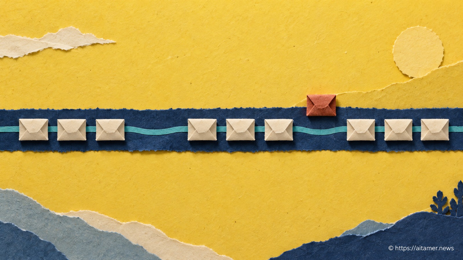 A continuous teal time ribbon spans a gap in cream packet envelopes, with a rust envelope displaced above another gap.