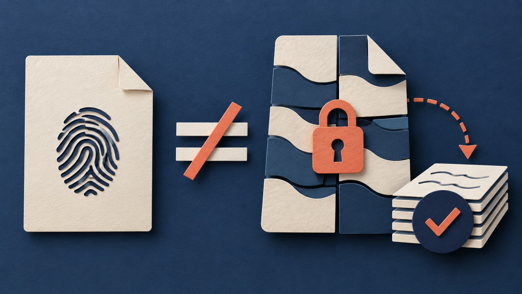 A fingerprint-marked file is shown as unequal to a locked stack of file parts.
