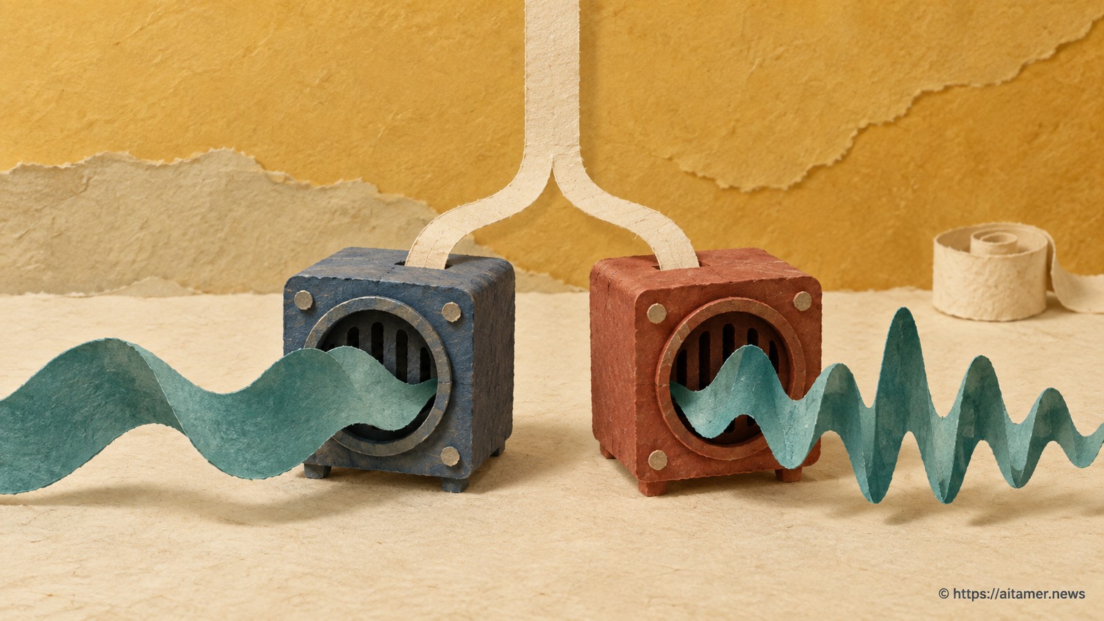 One request strip feeds two paper sound boxes that produce differently shaped waveforms.