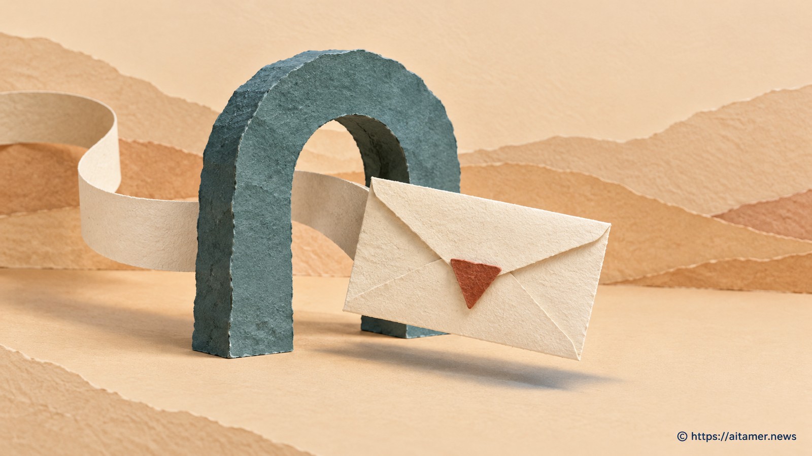 A cream courier envelope emerges from a teal paper arch with its unfamiliar rust triangular seal intact.