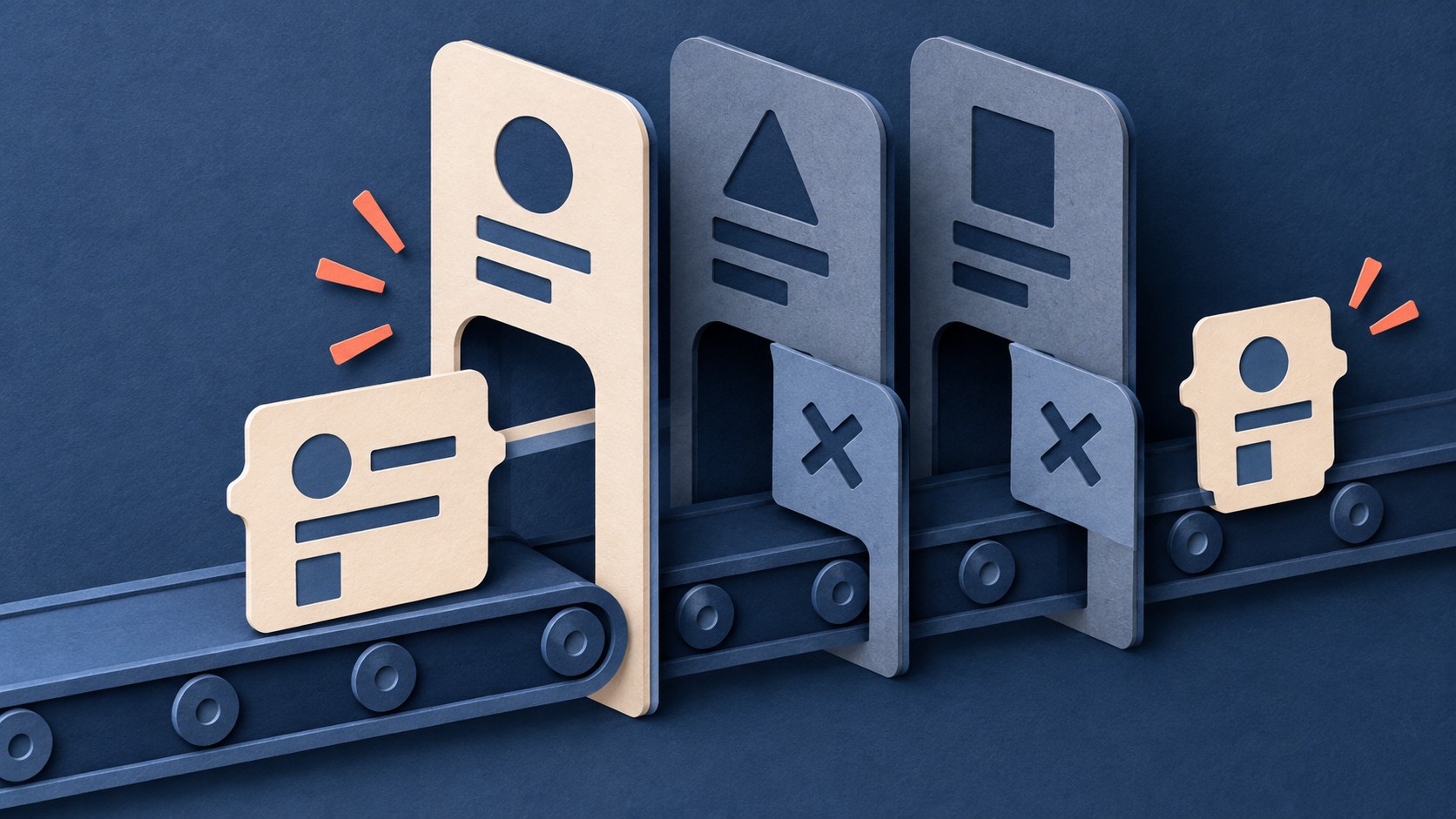 Shape-marked cards move past ordered gates, with the first fitting gate selected.