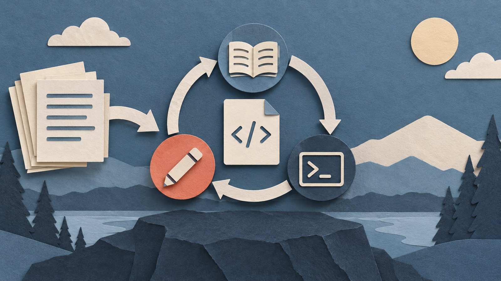 A paper-cut collage of a code file inside a loop linking project notes, an edit tool, and a terminal.