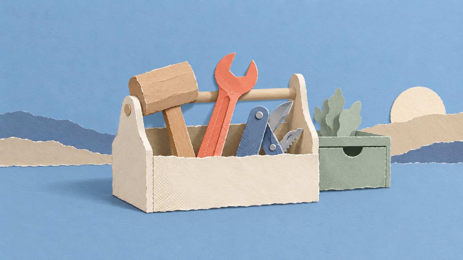 A cream paper toolbox with three simple tools and a sage drawer, arranged as a calm layered collage with open space around it.