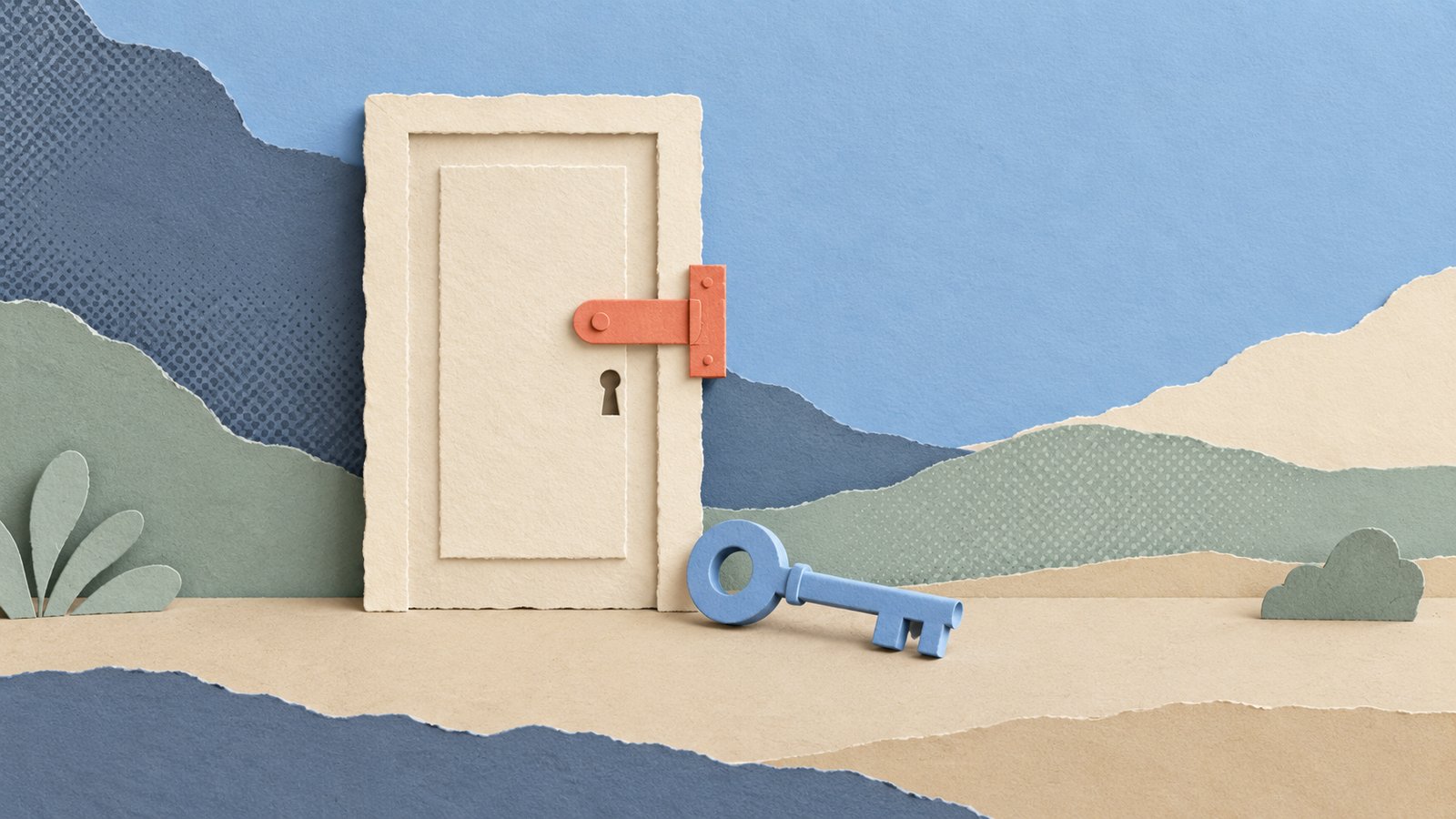 A quiet paper cut collage of a cream door secured by a coral latch, with a blue key waiting outside.