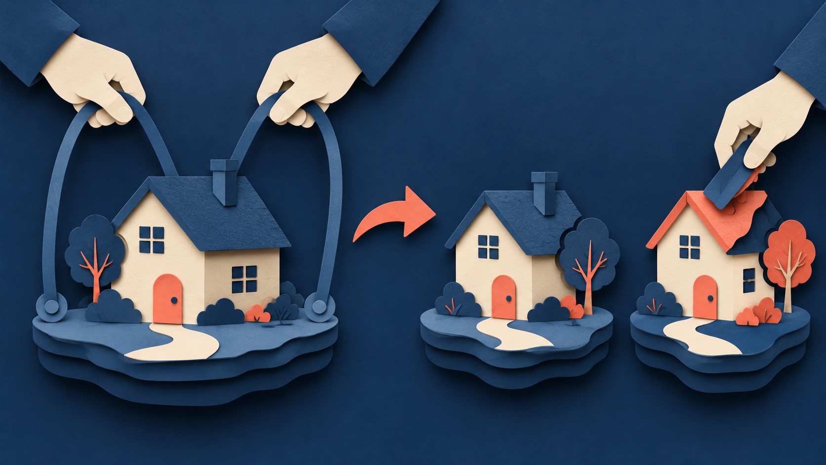 Several hands hold handles attached to one house, while a separate house is being repainted.