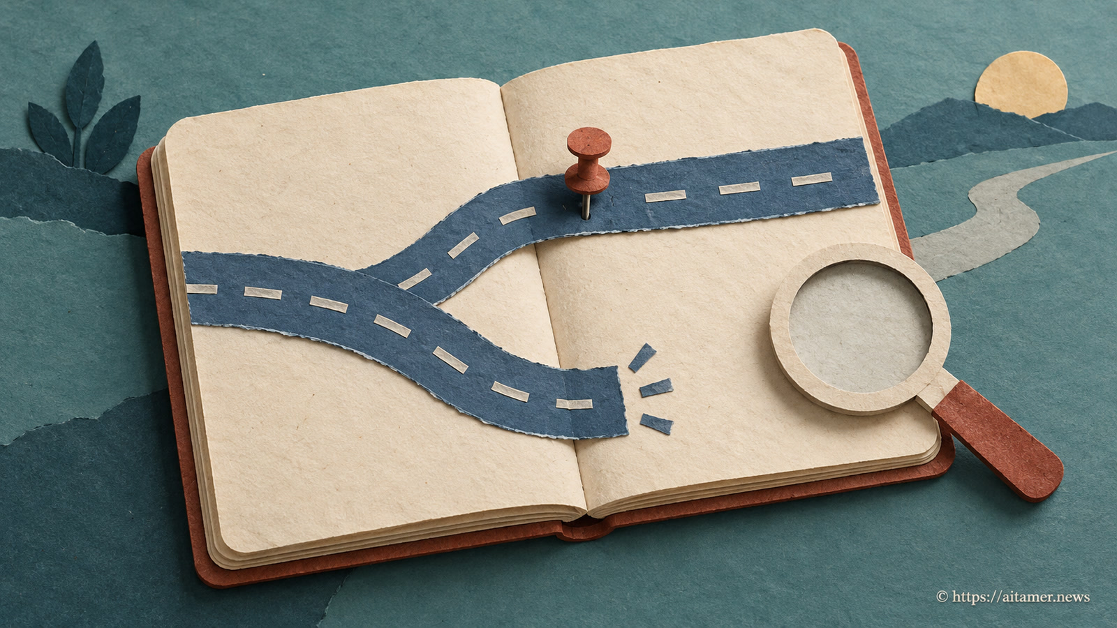 An open cream paper notebook holds a forked blue road with a red pin securing one branch and a magnifying glass beside the other.