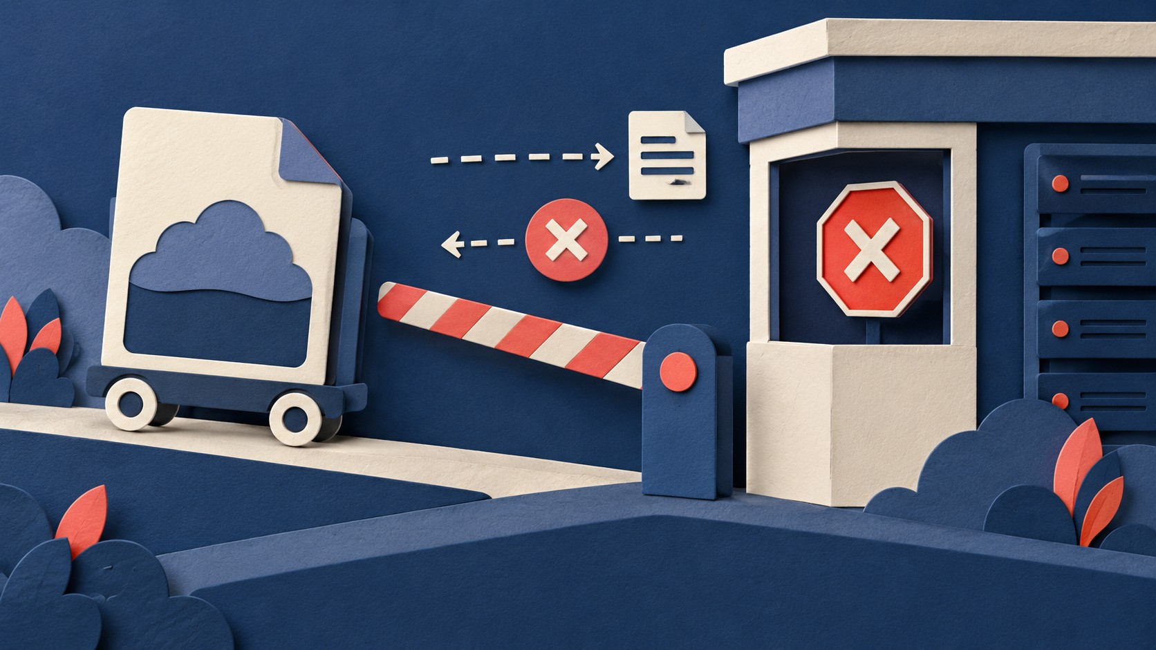 A large cloud file approaches a striped barrier and a server that declines the transfer.