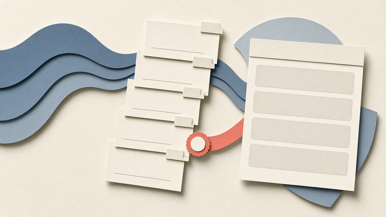 Paper-cut collage of a research question ribbon threading excerpt cards into a single cited-report sheet, one coral citation mark on slate fabric.
