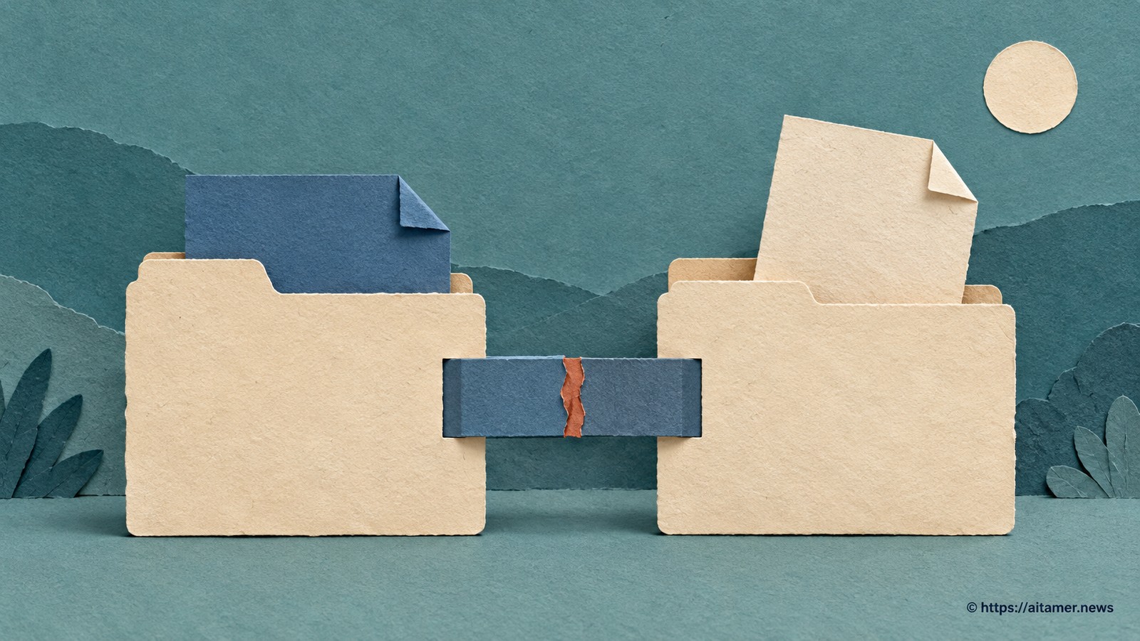 Two cream folders hold separate records connected by a blue strip interrupted by a rust seam.