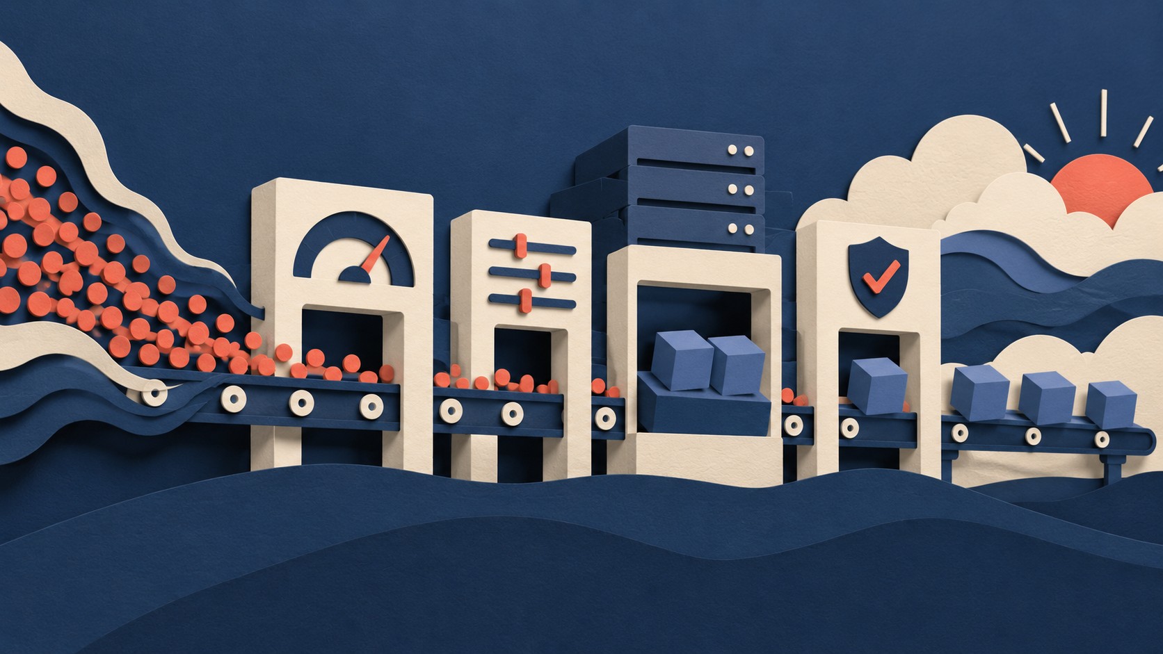 A stream of demand passes through a gauge and controls before servers emerge in measured stages.