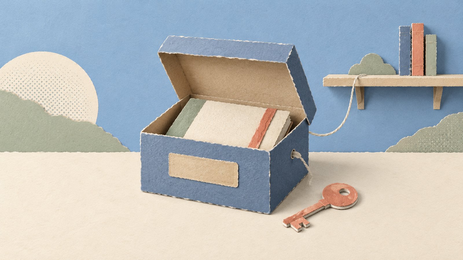 Generated one calm 16:9 paper cut collage: an open archive box, key, restored ledger, and shelf.