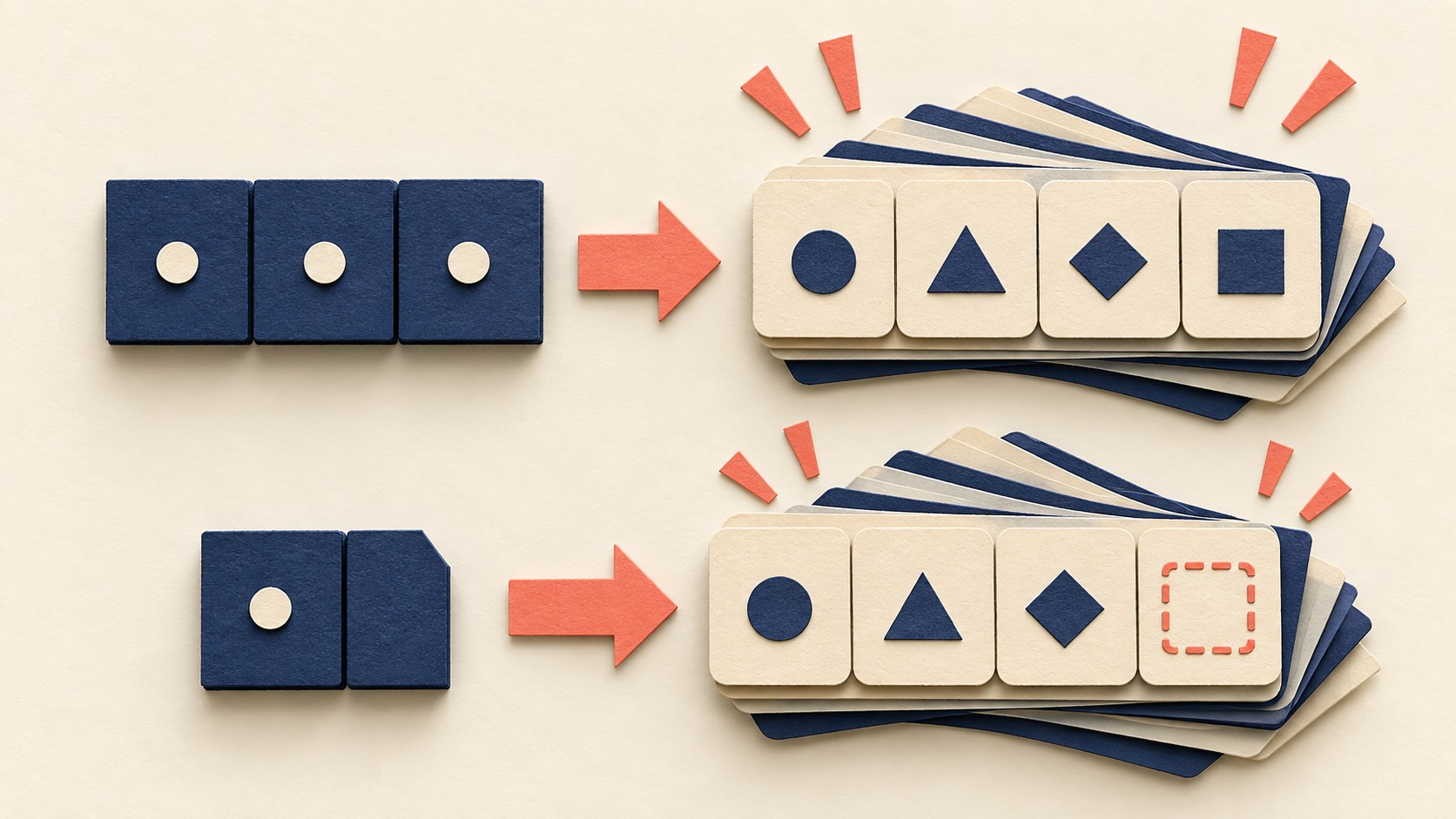 Three compact blocks expand into four shape-marked cards and a thicker stack.