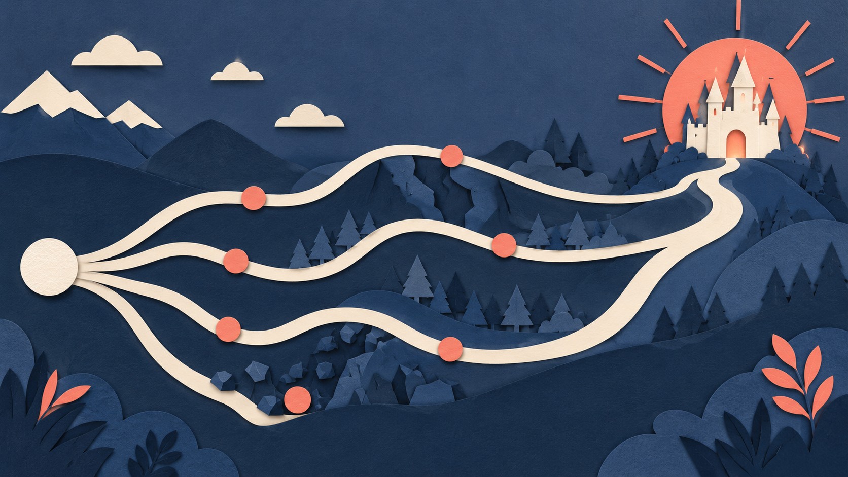 Several branching paper paths lead toward a castle, with coral markers highlighting possible routes.