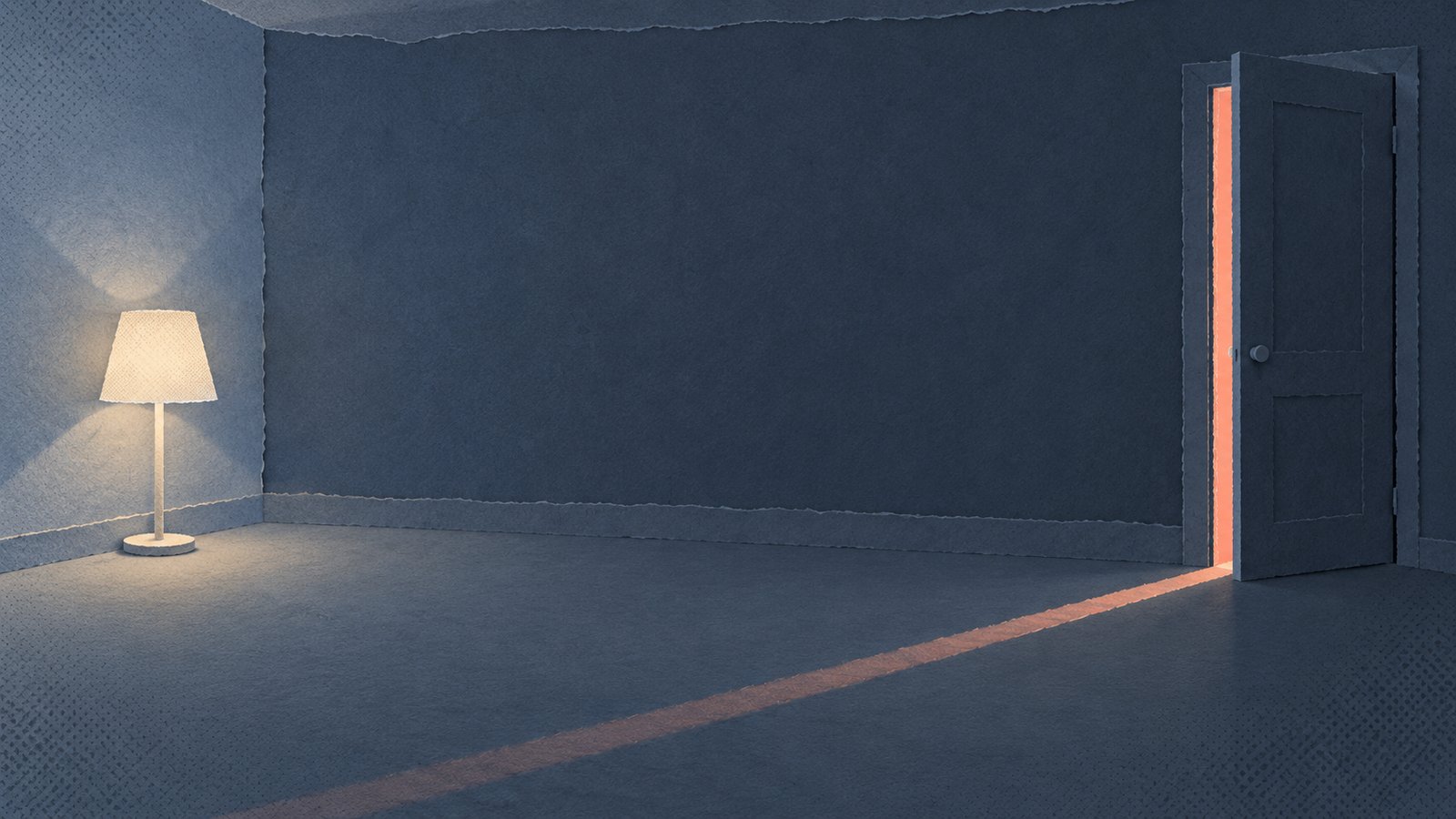 A nearly bare paper-cut room in slate blue with one cream lamp glowing in a corner, and a door left ajar letting a thin line of coral light fall across the floor; nobody is inside.