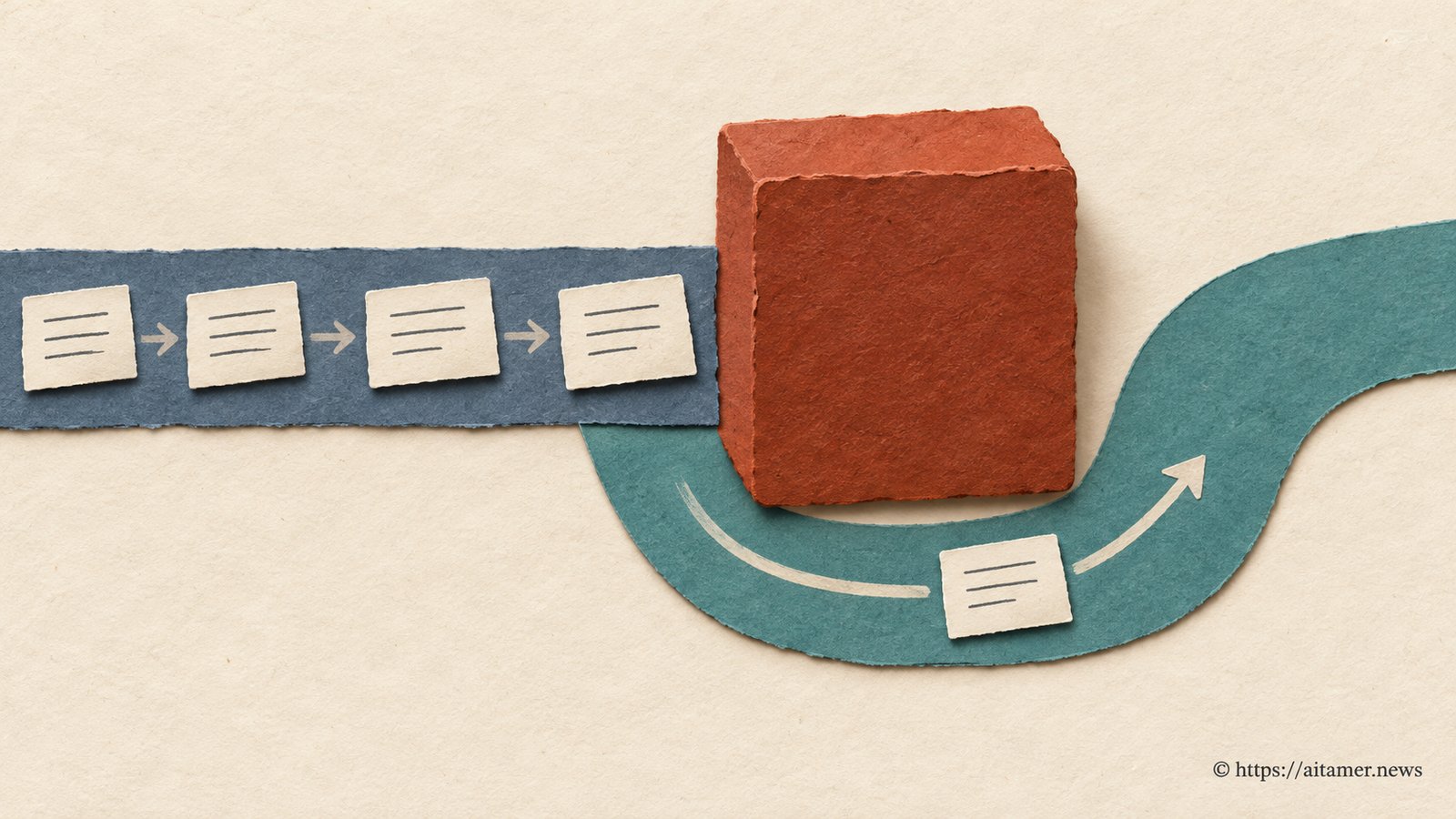 A row of paper task cards meets a rust-colored block while a separate teal lane carries one card around it.