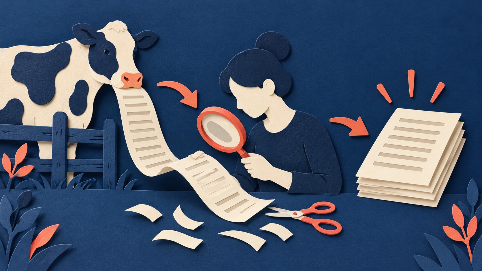 A paper cow unrolls a strip of text while a person prepares to cut and revise a copy.
