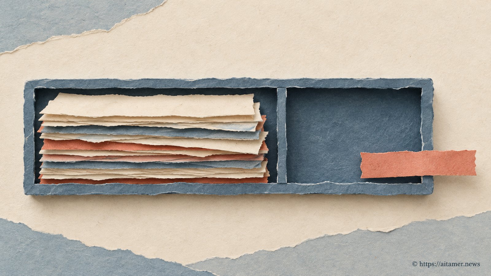 A layered paper window shows input sheets filling part of a shared space, with a short answer strip in the remaining room.